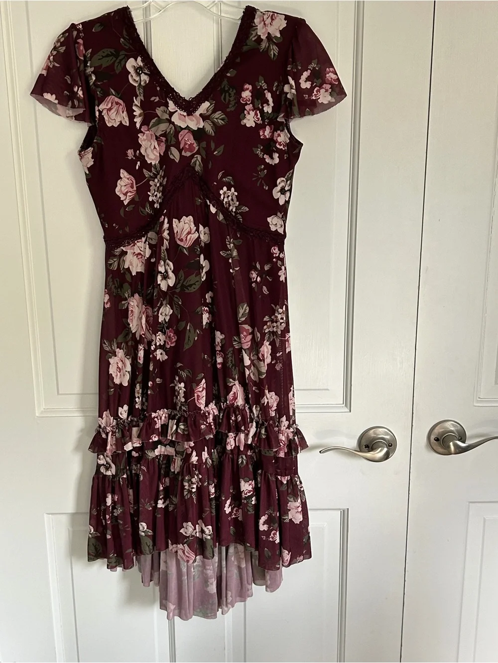Girls' Floral Burgundy Ruffle Dress